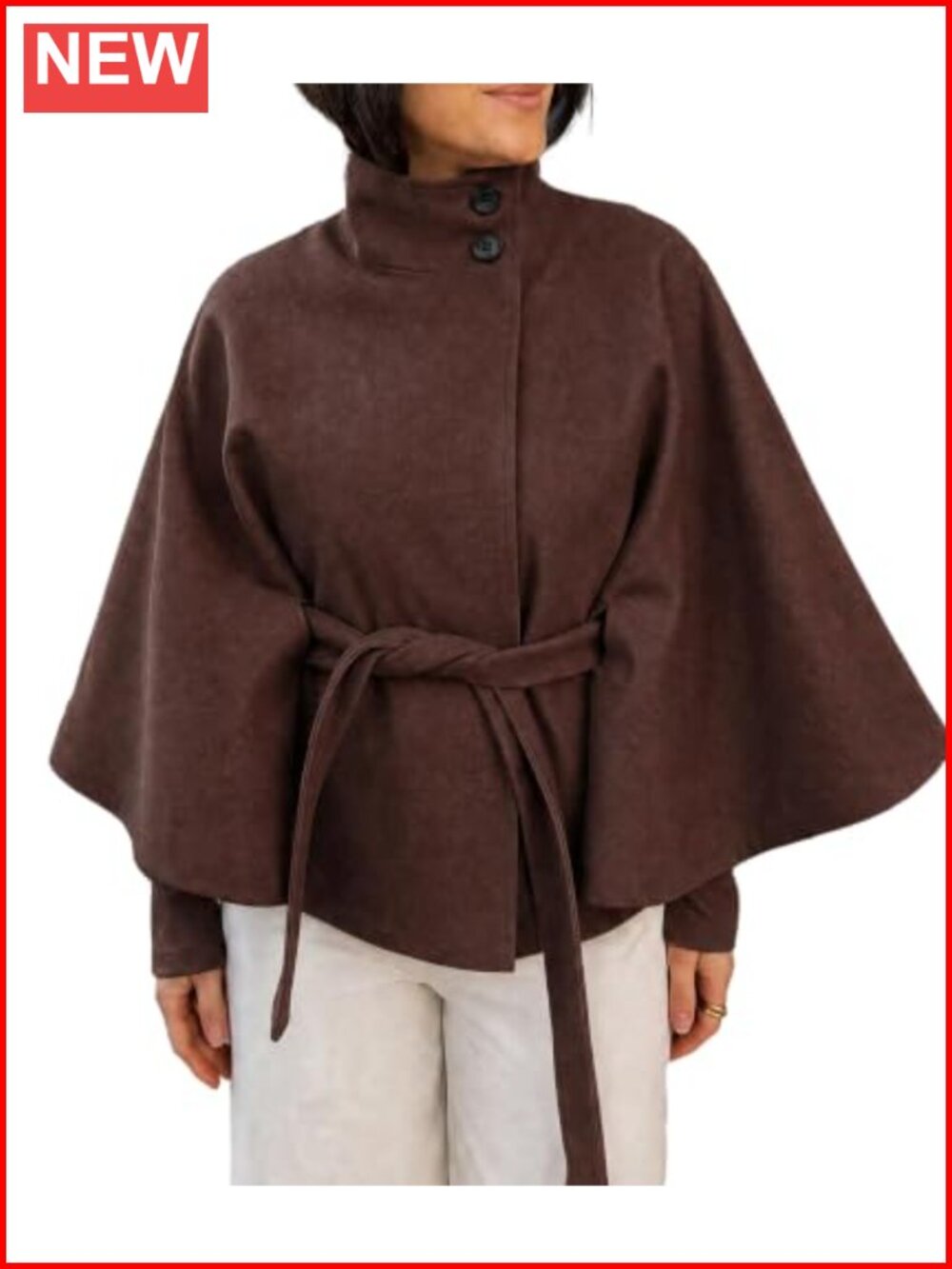 Women's Wool Blend Belted Batwing Cape Pea Coat